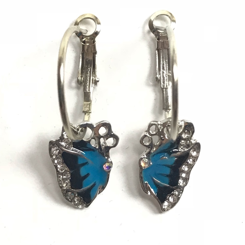 Blue and black Butterfly rhinestone hoop earrings